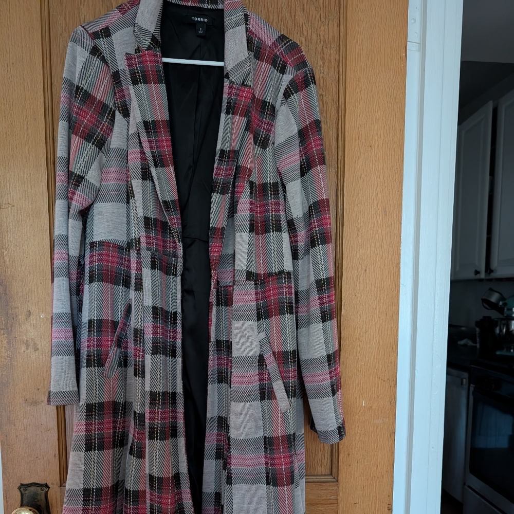 Torrid Plaid Trench Coat in Red and Gray
